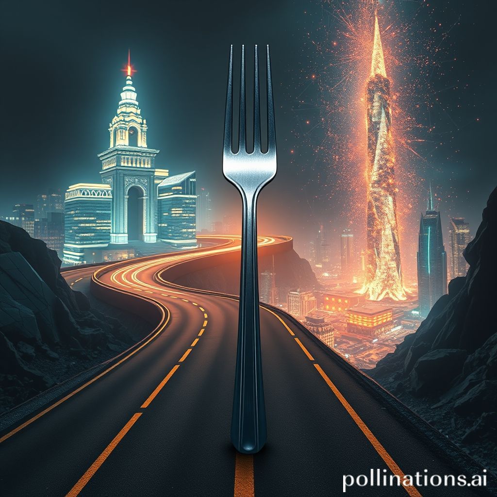 A fork in a digital road, one path to utopia and the other to dystopia, symbolizing the challenges of AGI and UBI.
