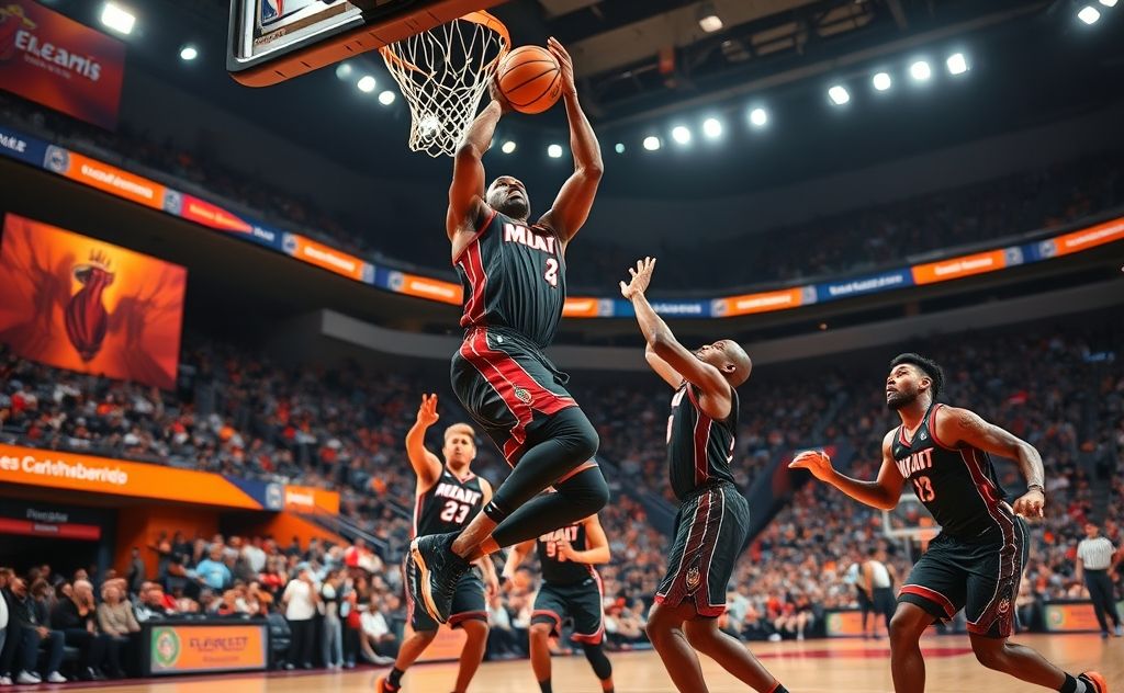 A dynamic basketball scene featuring Jimmy Butler in action for the Heat.