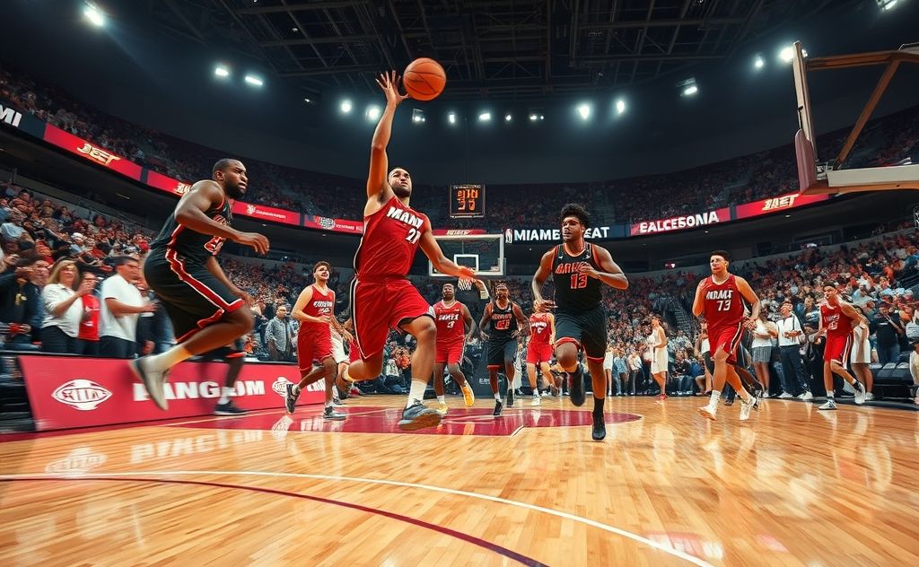 A dynamic basketball scene featuring Miami Heat players in action.
