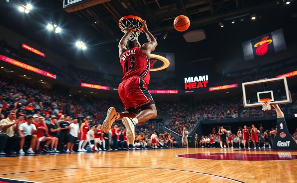 A dynamic basketball scene featuring the Miami Heat logo and a basketball.