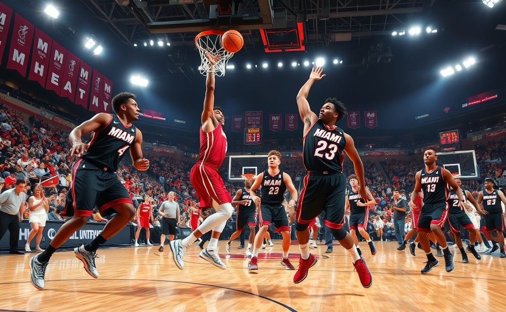 A dynamic basketball scene showcasing Miami Heat players in action.