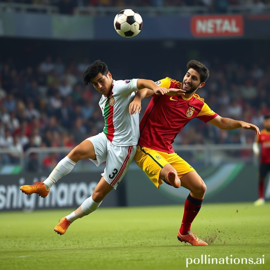 Dynamic football action with a Bulgarian player tackling a Spanish player for the ball in mid-air.