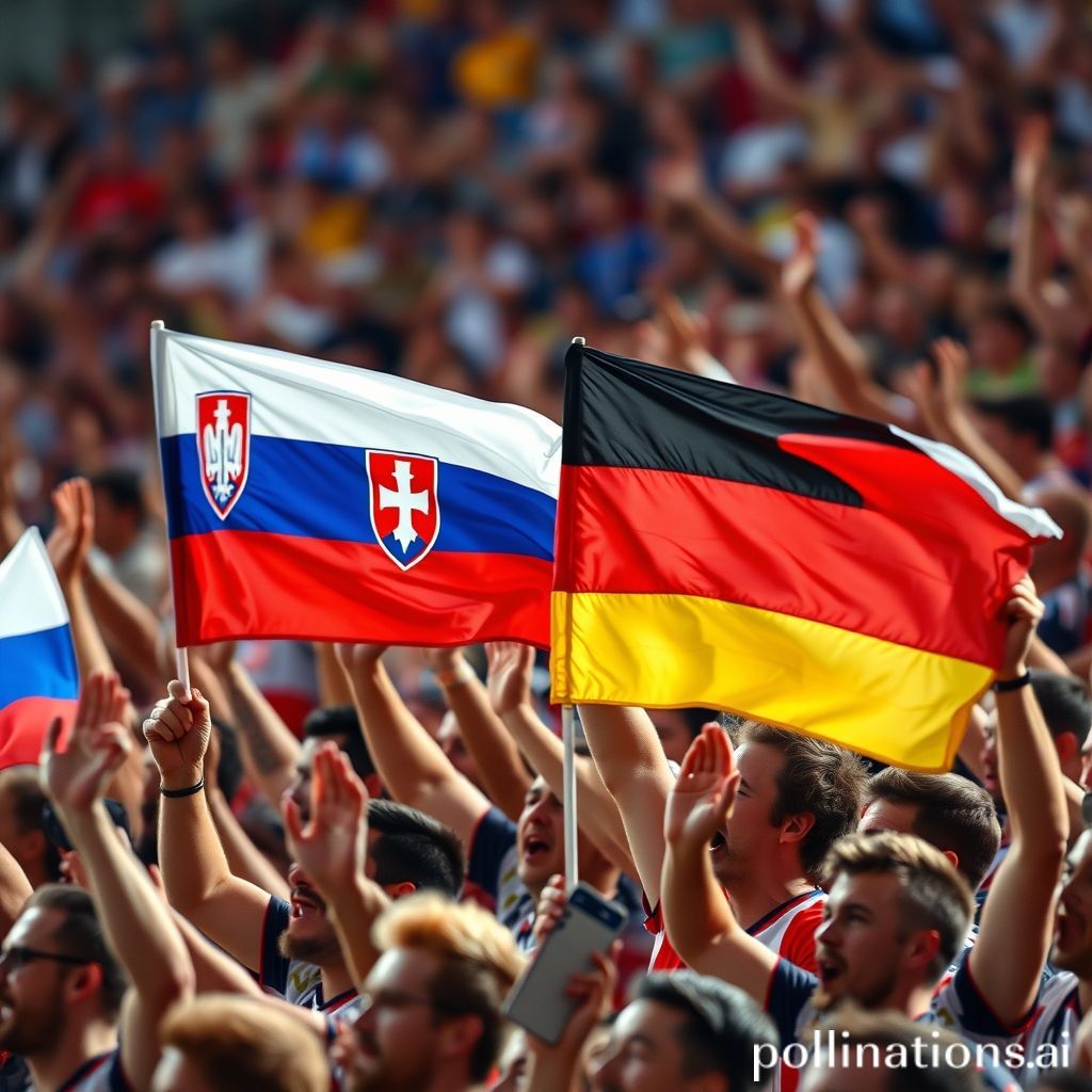 A passionate crowd of football fans, with a mix of Slovakia and Germany flags waving enthusiastically in the stadium. Faces are filled with excitement and anticipation for the match.