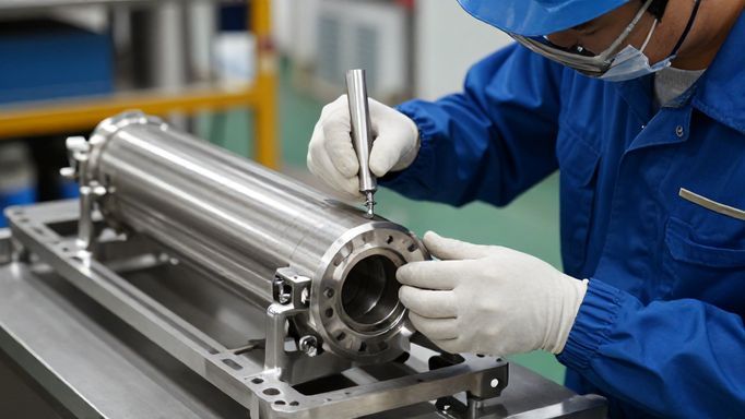 Engineer inspecting anodized titanium parts for quality control