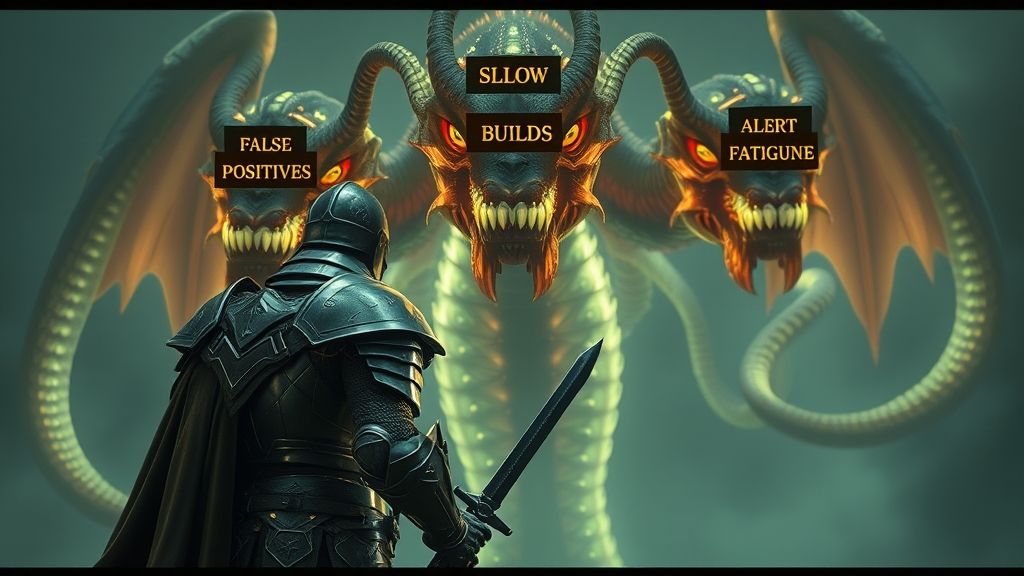 A knight in armor facing a three-headed hydra, representing the challenges of automated security like false positives and slow builds.