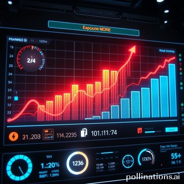 Un gráfico de barras ascendente y brillante, mostrando un crecimiento exponencial en un tablero digital futurista. Hay íconos de dinero, flechas ascendentes y un globo terráqueo estilizado que representa el mercado global, todo en un tono azul y verde vibrante. La escena es limpia y muestra datos visuales de manera impactante.
