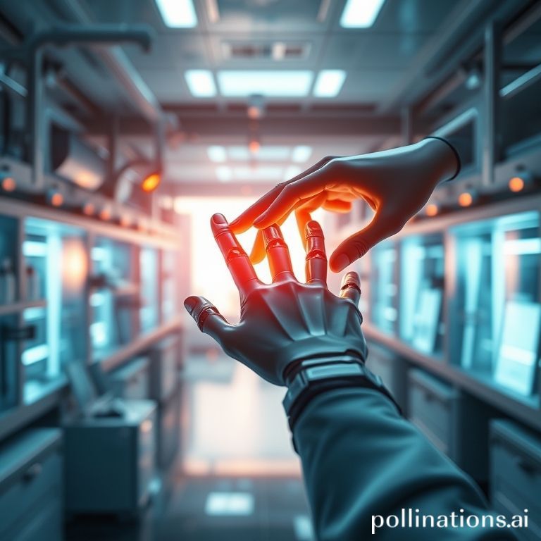 Una mano robótica y una mano humana se unen sobre un diagrama de flujo digital abstracto que brilla. El estilo es futurista y simbólico, representando la colaboración entre la inteligencia artificial y el ingenio humano en la creación de soluciones tecnológicas.