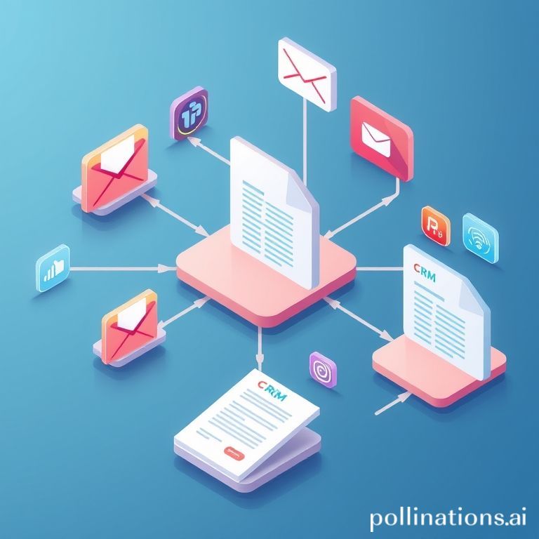 Una ilustración vibrante de un flujo de trabajo digital, donde diferentes iconos de aplicaciones (email, CRM, formulario web) están interconectados por líneas de energía que simbolizan la automatización. El estilo es isométrico y futurista, con colores brillantes y elementos de diseño limpio que representan eficiencia y tecnología.
