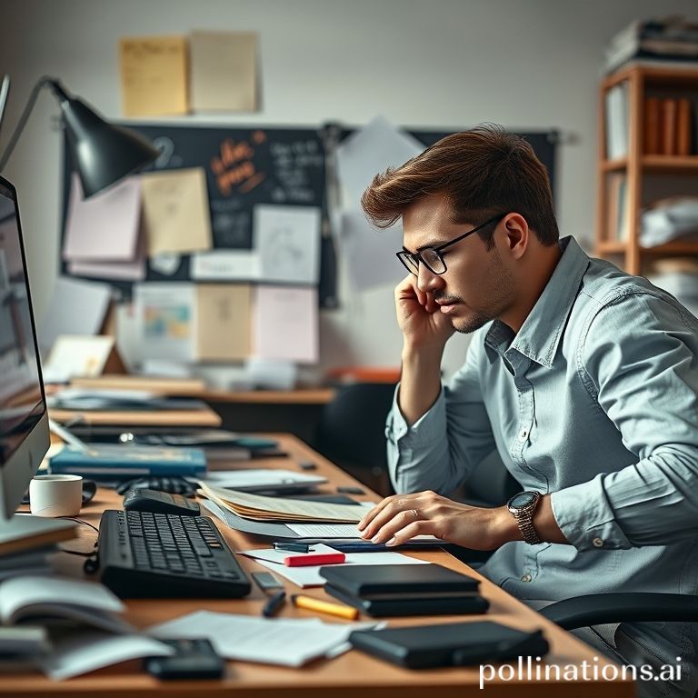 Un joven empresario con una mirada de preocupación y estrés, rodeado de papeles desordenados y una pila de tazas de café vacías en su escritorio. La luz de la pantalla del portátil ilumina su rostro cansado. El estilo es realista, con tonos oscuros y un ambiente de agobio, transmitiendo una sensación de cansancio y desesperación.