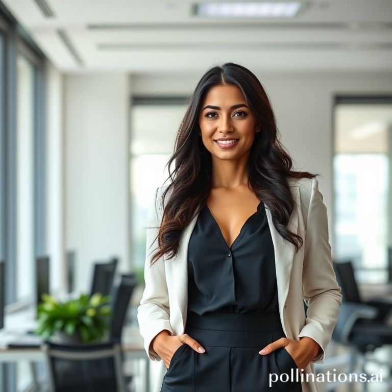 Una emprendedora latinoamericana sonriente, con un cabello largo y oscuro, vestida con ropa casual pero elegante, está sentada en su oficina moderna con una laptop abierta. Ella mira a la cámara con confianza mientras una interfaz de usuario de software de automatización se proyecta ligeramente sobre la pantalla de su laptop, sugiriendo facilidad de uso. El entorno es luminoso y acogedor, con plantas y elementos de diseño modernos en el fondo.