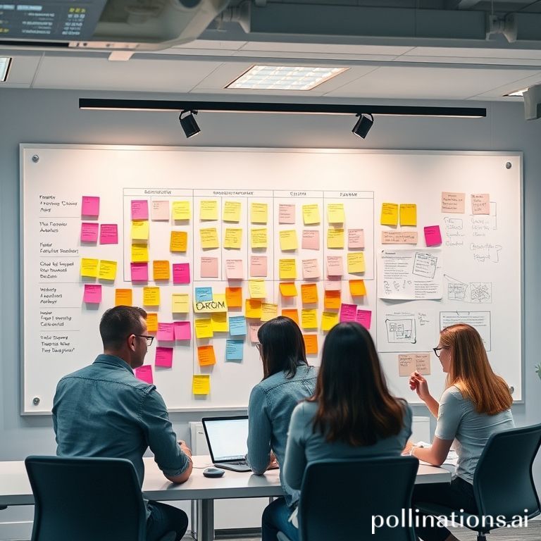 Un grupo de desarrolladores y un dueño de negocio discuten animadamente frente a un tablero de scrum con notas adhesivas y diagramas. Hay código en una pantalla de computadora en segundo plano, sugiriendo un ambiente de colaboración y resolución de problemas. El estilo es moderno y profesional, con un toque de dinamismo.