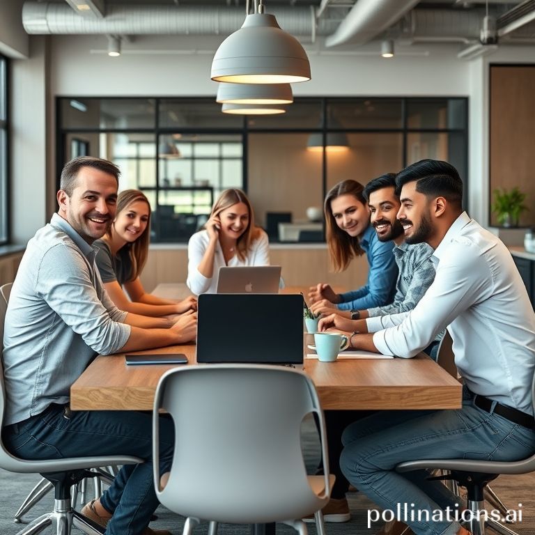 Un grupo diverso de emprendedores y profesionales de negocios, sonriendo y colaborando alrededor de una mesa moderna con laptops y tabletas. En el fondo, sutiles elementos gráficos que sugieren inteligencia artificial y análisis de datos flotan alrededor. La imagen tiene un estilo futurista pero accesible, con colores vibrantes y una luz suave.