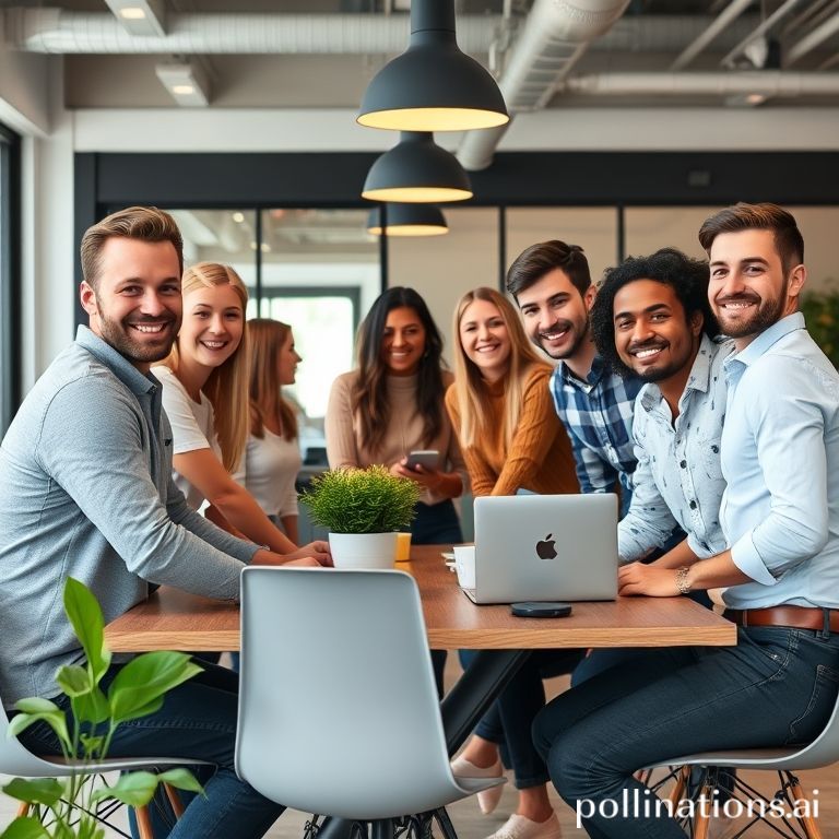 Un grupo diverso de emprendedores y profesionales de negocios, sonriendo y colaborando alrededor de una mesa moderna con laptops y tabletas. En el fondo, sutiles elementos gráficos que sugieren inteligencia artificial y análisis de datos flotan alrededor. La imagen tiene un estilo futurista pero accesible, con colores vibrantes y una luz suave.