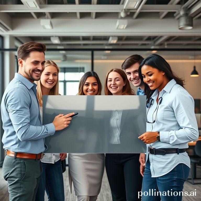 Un grupo de jóvenes profesionales, sonriendo y colaborando en un espacio de co-working moderno. Uno de ellos está señalando una pantalla grande que muestra un calendario editorial de redes sociales con muchos posts programados. El estilo es dinámico, moderno y sugiere productividad y éxito en equipo.