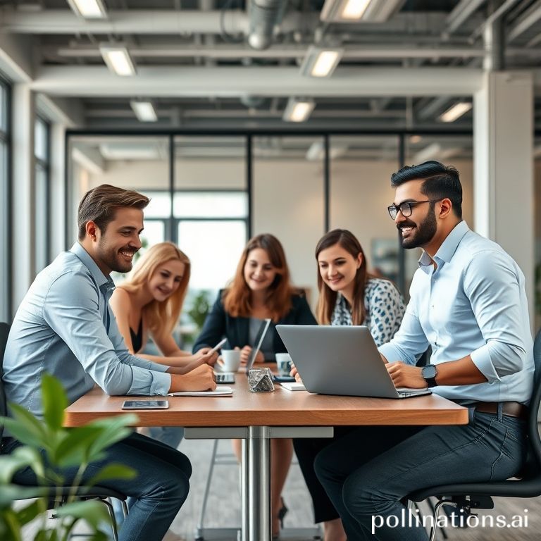 Un equipo diverso y colaborativo de profesionales, incluyendo desarrolladores y especialistas en negocios, está reunido alrededor de una gran pantalla táctil interactiva que muestra complejos diagramas de flujo de automatización y visualizaciones de datos. El ambiente es moderno y vibrante, con mucha luz natural, plantas y elementos de diseño contemporáneos.