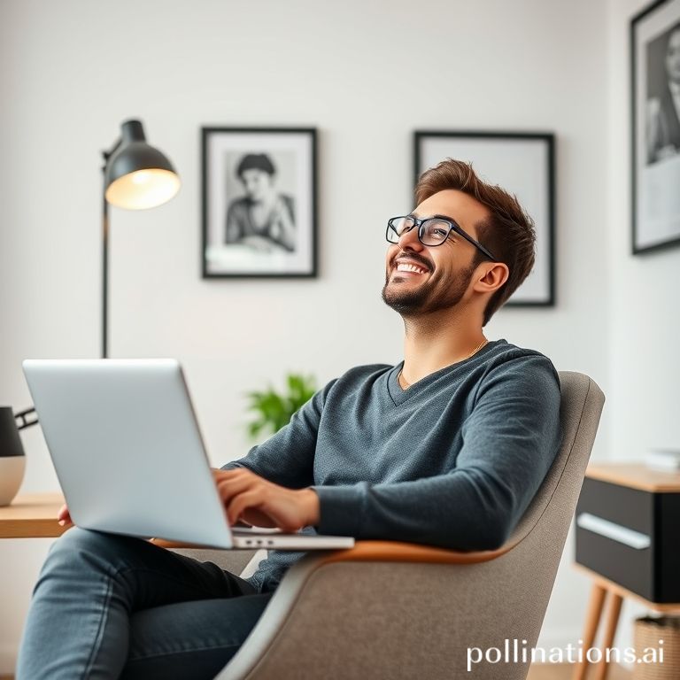 Un emprendedor sonriente y relajado, sentado cómodamente en un escritorio minimalista con una taza de café, mientras su laptop muestra un gráfico de progreso ascendente. La imagen irradia confianza y éxito, con luz natural y un ambiente sereno.
