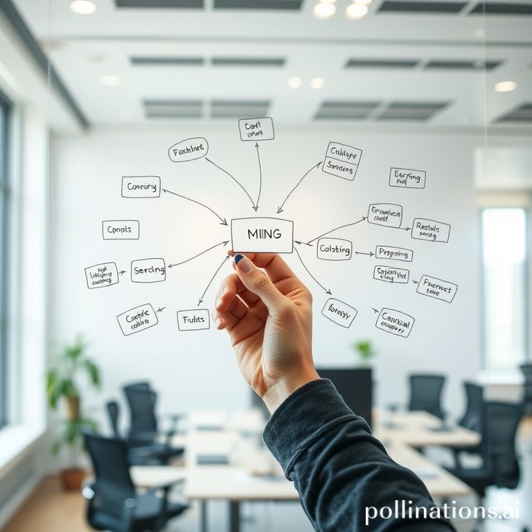 A person's hand is sketching a mind map on a large glass board, with keywords like 'niche', 'content creation', 'community', and 'collaboration' clearly visible. The background is a bright, modern office. The style is creative and focused on strategy development.