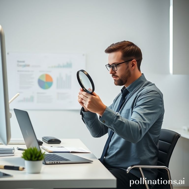 Una persona de negocios con una lupa examinando de cerca una hoja de cálculo llena de números y datos. Al fondo, se ven sutilmente engranajes y ruedas dentadas superpuestas, simbolizando oportunidades ocultas y la mecánica de la automatización. El estilo es moderno y limpio, con un enfoque en el descubrimiento y la resolución de problemas en un entorno de oficina.