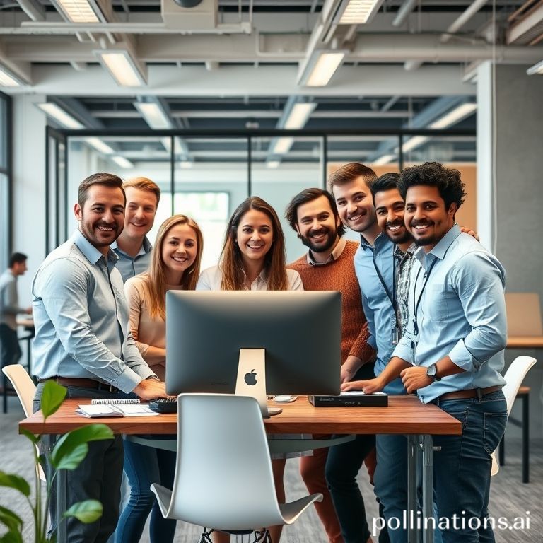 Un grupo de empresarios diversos y felices, mirando una pantalla de ordenador que muestra un diagrama de flujo de automatización complejo pero claro. El estilo es moderno, vibrante y optimista, con un enfoque en la colaboración y la eficiencia.