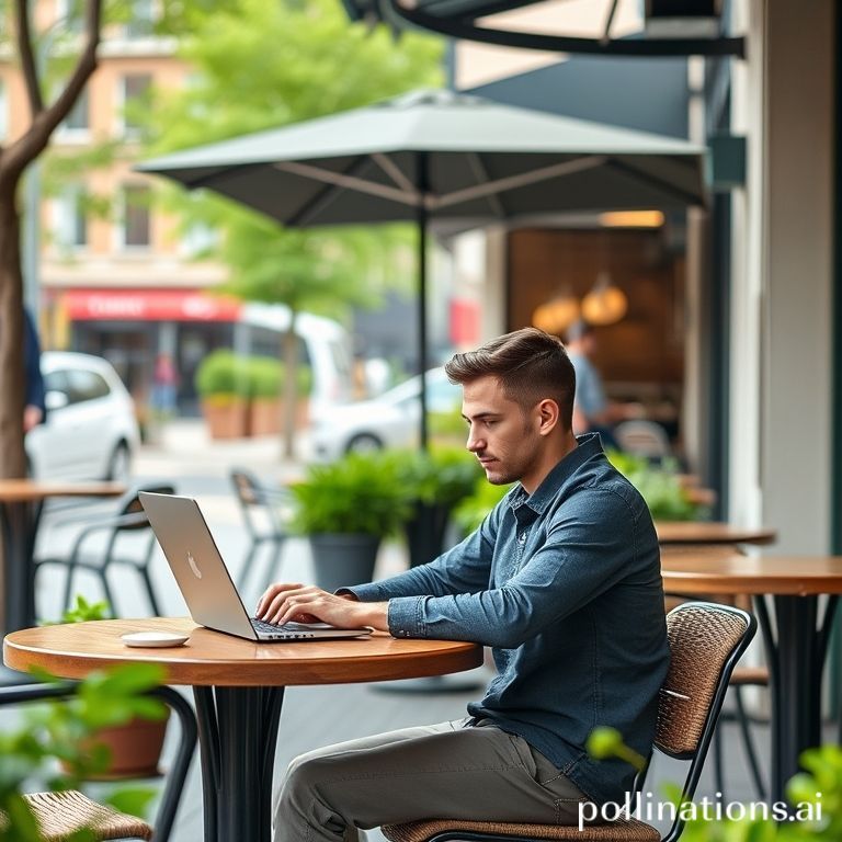 Una persona sentada cómodamente en un café al aire libre, mirando su laptop con una expresión relajada y satisfecha. Un diagrama de flujo de n8n superpuesto en la pantalla, con iconos que representan ingresos pasivos y automatización. El ambiente es urbano y moderno, con una iluminación natural y suave.