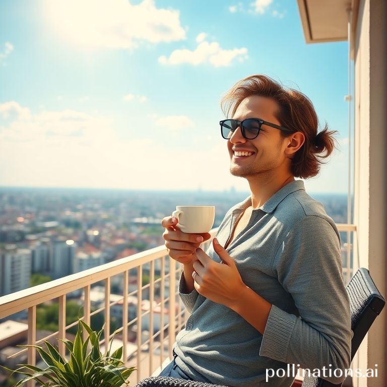 Una persona sonriente y relajada está tomando café en un balcón soleado, con un ordenador portátil abierto a su lado mostrando un dashboard de automatización. La imagen transmite libertad, éxito y equilibrio entre vida laboral y personal, con un estilo de fotografía de estilo de vida brillante y acogedor.