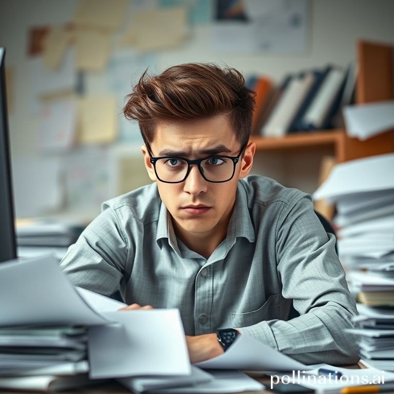 Un emprendedor joven, con una expresión de estrés y frustración, está sentado en su escritorio desordenado, rodeado de papeles y con la mirada fija en su laptop, simbolizando la carga de las tareas manuales. La escena es sombría, con tonos azules y grises, enfocándose en la sensación de agobio.