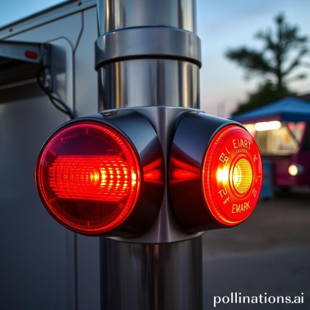Close-up of EU-standard tail lights on a food trailer, showing E-mark certification