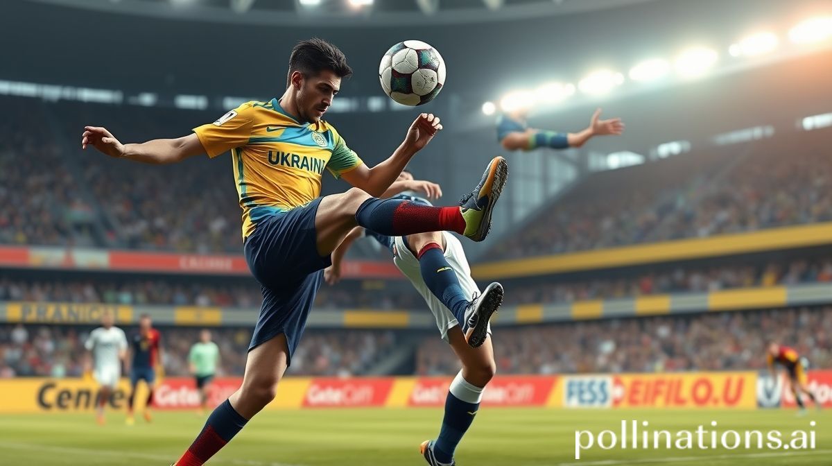 A dynamic action shot of a Ukrainian and a French football player fiercely challenging for the ball in mid-air during a competitive match.