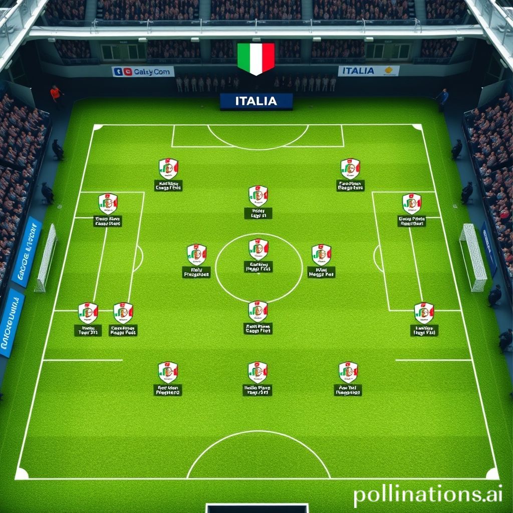 Football tactical board showing Italia's 4-3-3 formation with player positions and coach's strategy