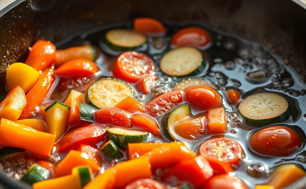 A frying pan with sizzling oil and colorful vegetables cooking.
