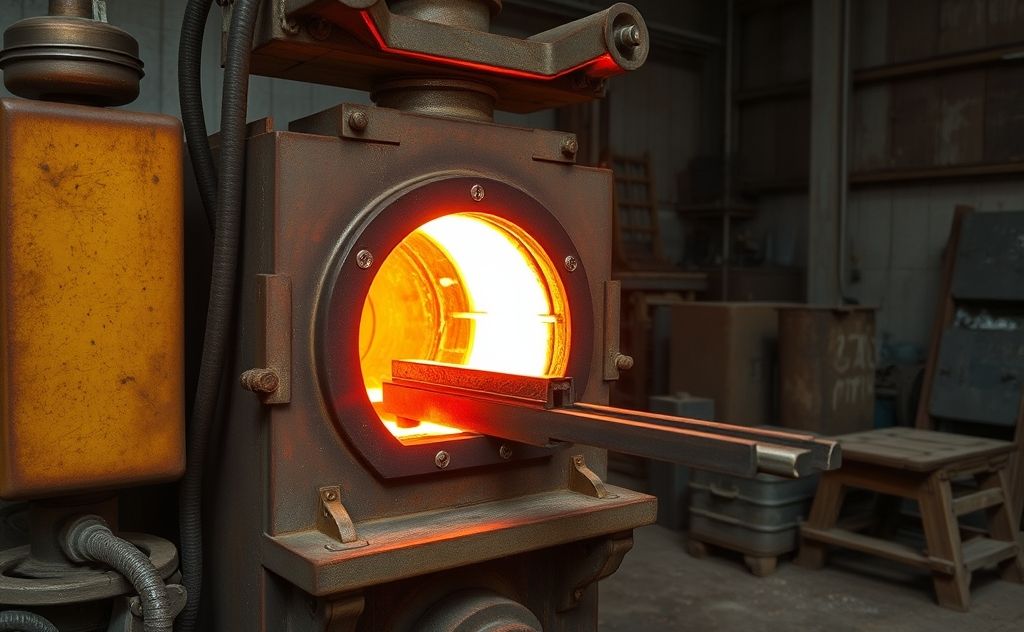 A furnace with glowing heat treating metal parts in a workshop.