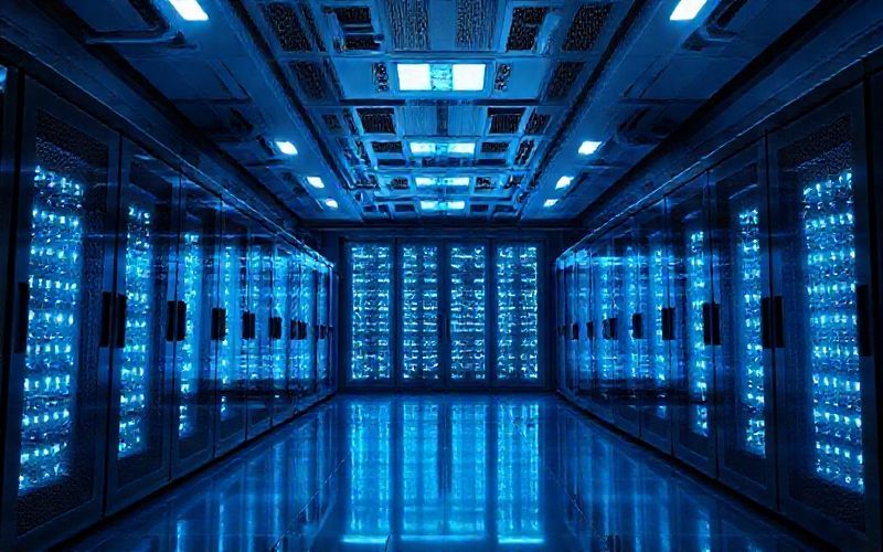 Futuristic server room with glowing blue lights