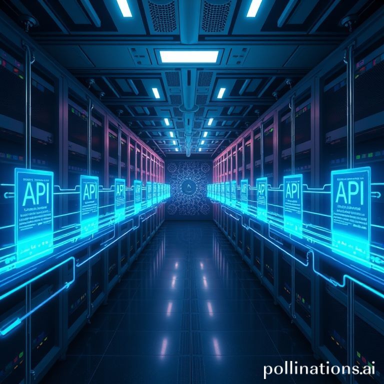 A glowing blue API endpoint feeding data into a neural network, representing structured data access.