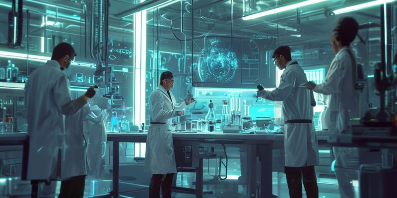 Futuristic laboratory with scientists researching muscle growth and myostatin pathways