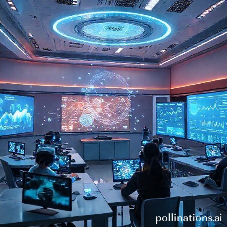 AI-generated image of a futuristic online classroom with interactive holograms and data analytics