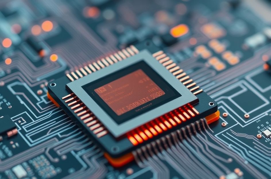 Gambar close-up futuristik dari sebuah chip prosesor smartphone MediaTek Dimensity 9500 yang bersinar, dengan sirkuit rumit dan elemen cahaya kebiruan atau keunguan yang mewakili kecerdasan buatan dan performa tinggi. Latar belakang abstrak menunjukkan grafis digital yang mengisyaratkan kecepatan, gaming, dan kemampuan fotografi canggih.