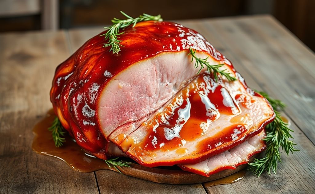 A glazed honey baked ham on a rustic wooden table with herbs.