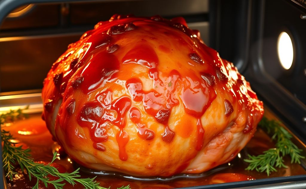A glazed honey baked ham sizzling in an oven with herbs around it.