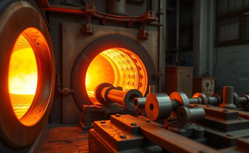 A glowing furnace with metal parts undergoing heat treatment.