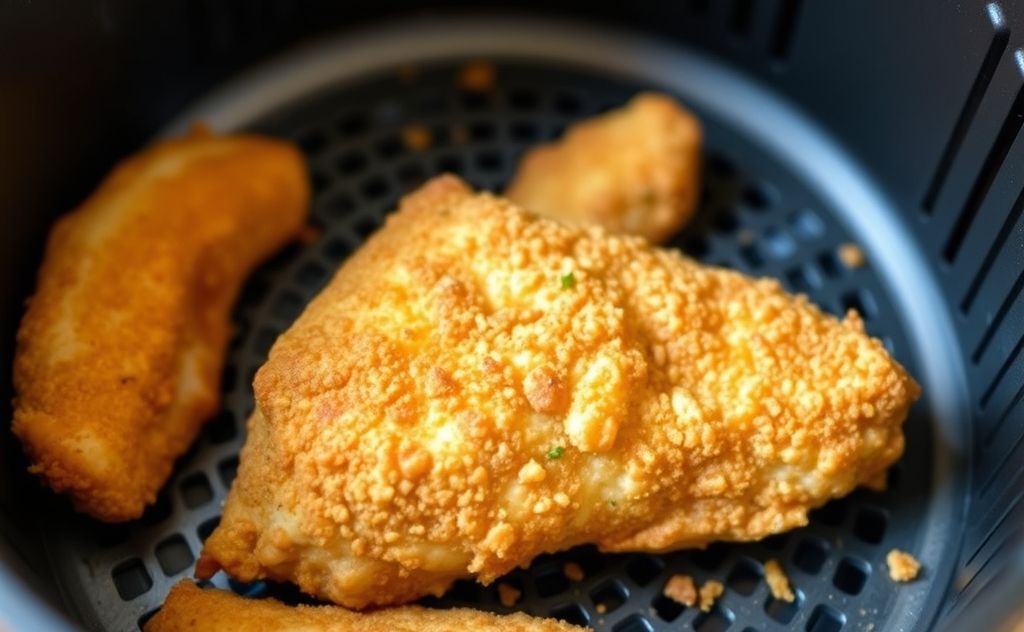A golden-brown fried chicken piece in an air fryer basket.