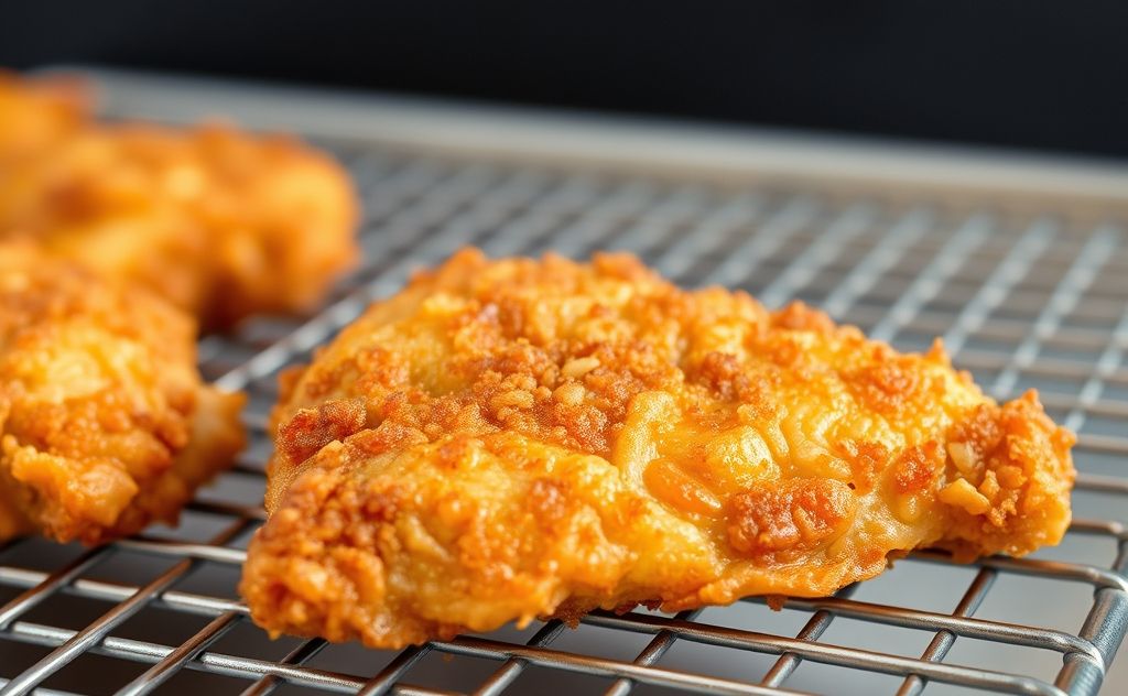 A golden-brown fried chicken piece on a cooling rack.