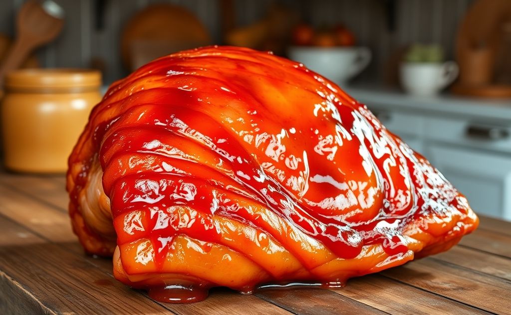 A golden-brown honey baked ham on a rustic wooden table.
