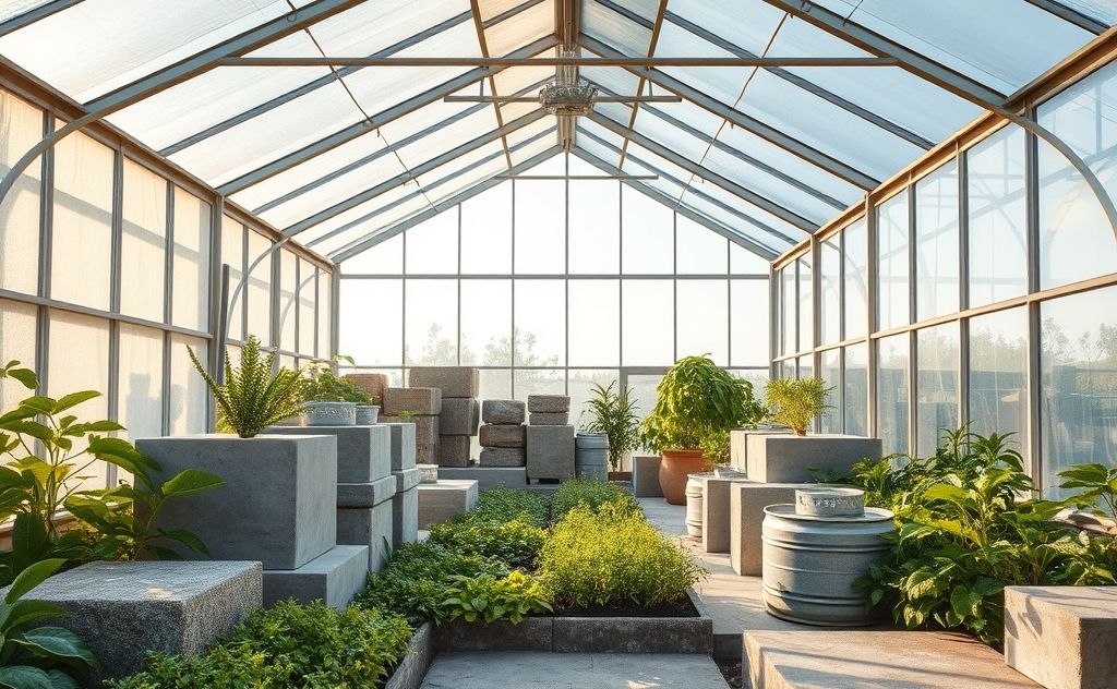 A greenhouse filled with thermal mass materials for efficient heating.