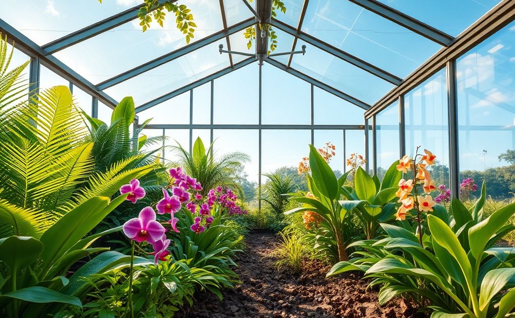 A greenhouse with radiant floor heating and vibrant plants.