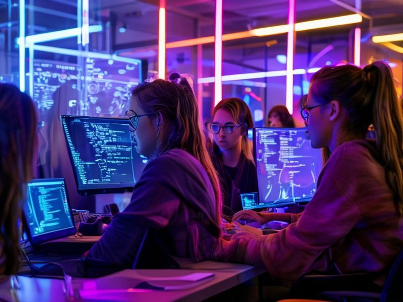 Students collaborating on code