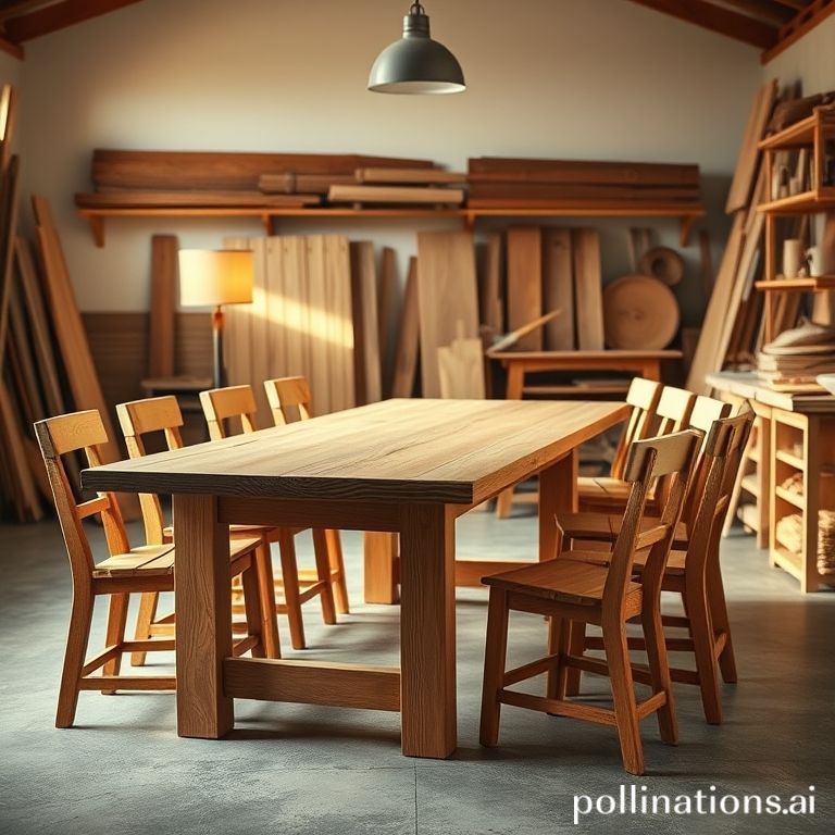 Workshop furnitur kayu hangat dengan meja dan kursi handmade