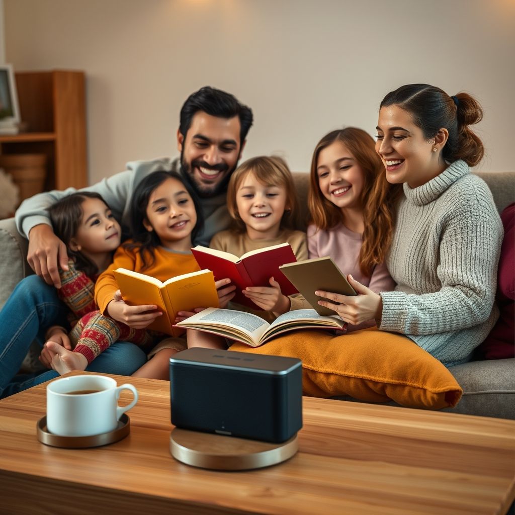 Happy family enjoying audiobooks together