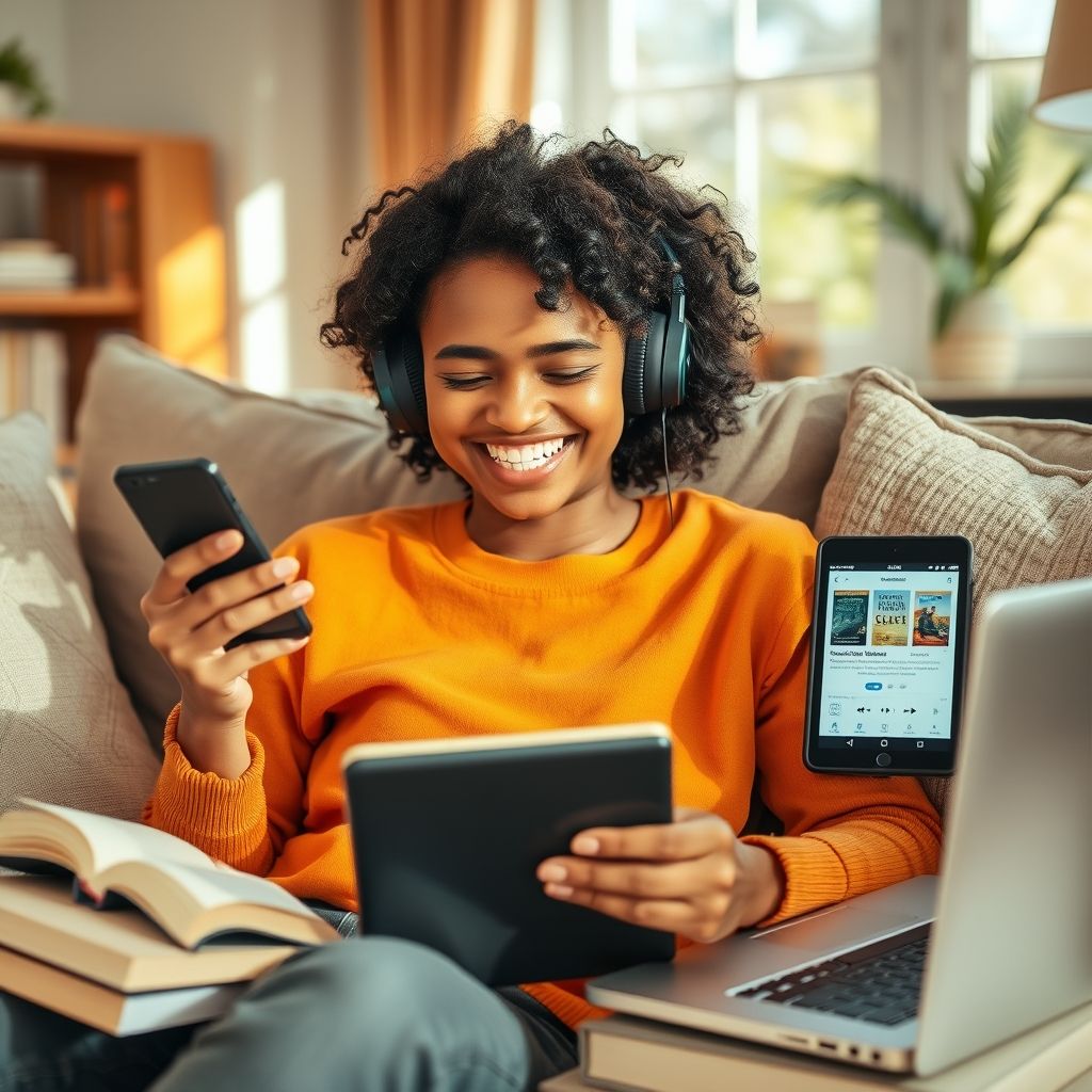 Person enjoying Audible books on multiple devices