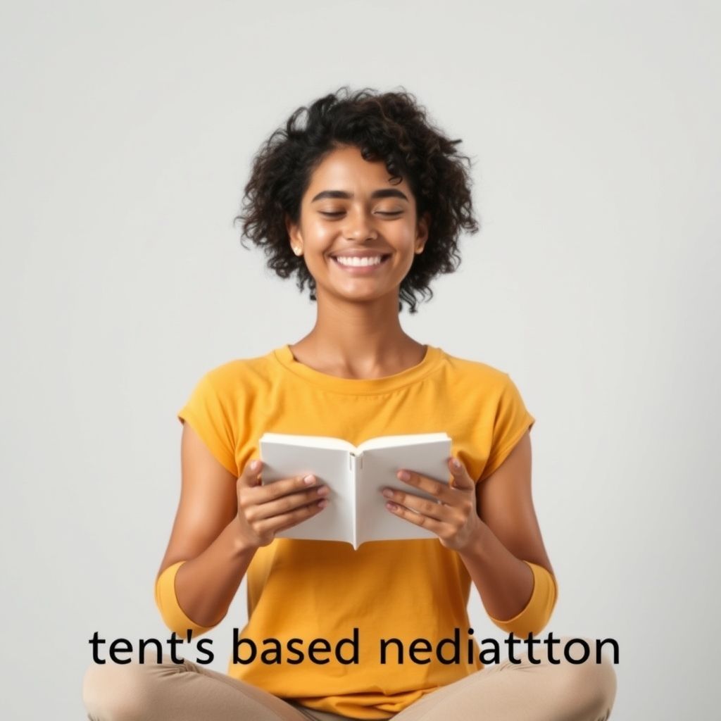 Happy person practicing text-based meditation