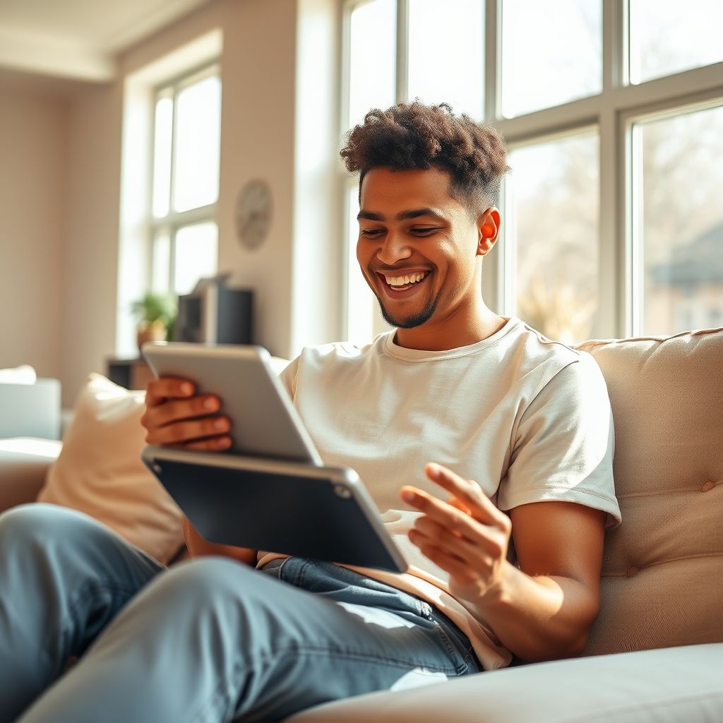 Happy person successfully learning from text tutorial on tablet